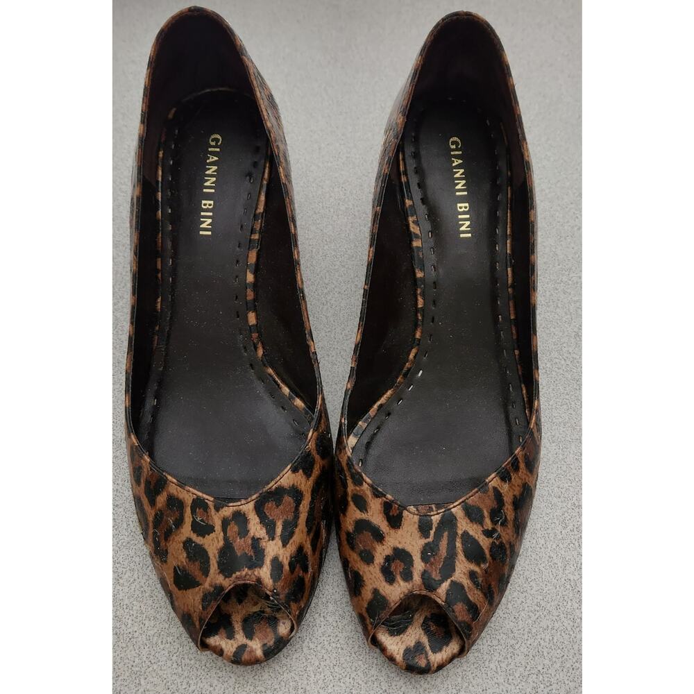 Gianni Bini Brown Black Leopard Print Open Toe Wedge Shoe 8.5M Slip On